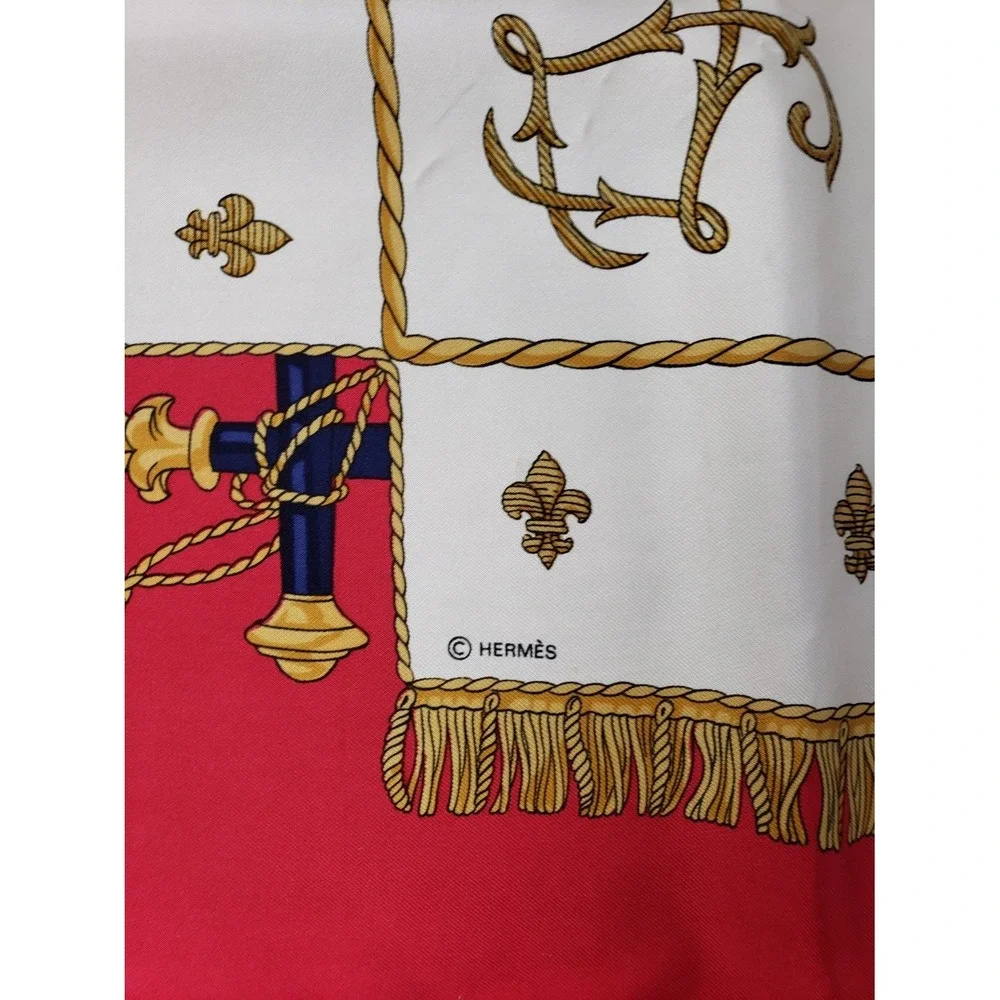 Hermès Vue du Carrosse de La Réale Silk Scarf 35x35 Red Navy Gold White